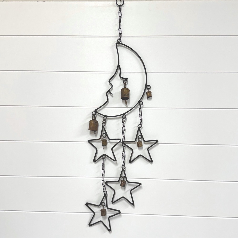 Vintage Wrought Iron Moon and Stars Wind Chime Rustic Celestial Wall Hanging Art